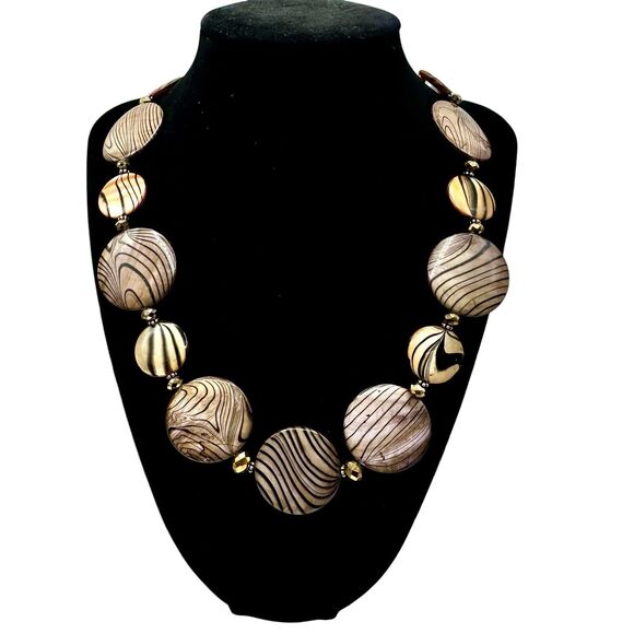 DONNA DRESSLER Necklace Mother of Pearl Round Disk Black Tan Crystal 925 19"-22" - Picture 1 of 6